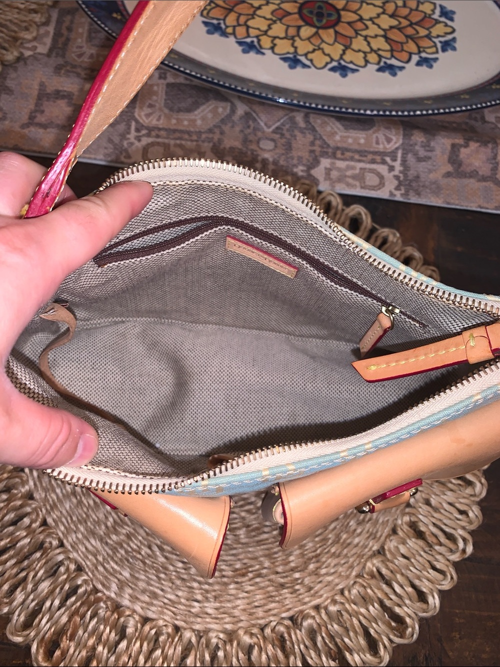 Dooney & Bourke Light Blue Logo Canvas Shoulder Bag with Tan Leather Trim - Picture 8 of 13
